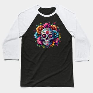 Sugar Skull Art - Flower Skull Fiesta Baseball T-Shirt